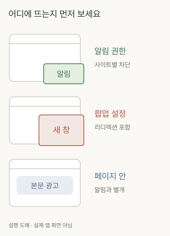 화면 모서리 알림과 새 팝업 창, 페이지 안 광고의 위치를 비교하는 세 가지 상황 도해