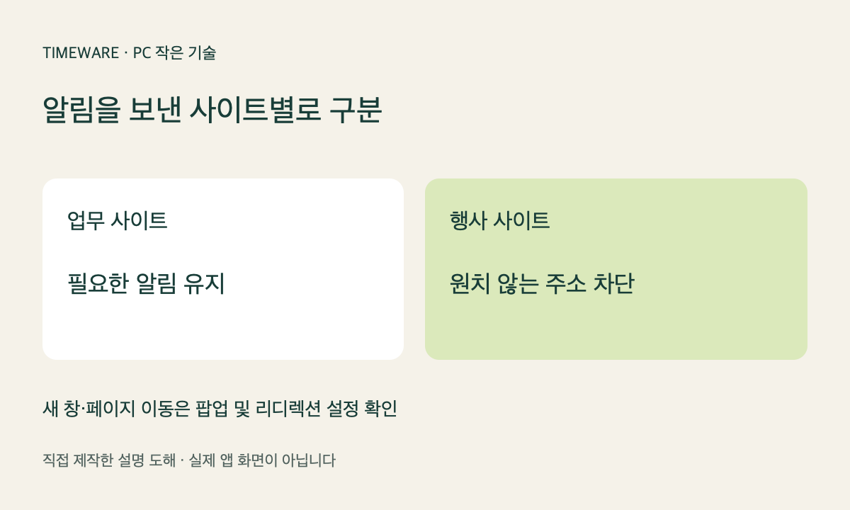 필요한 업무 사이트는 유지하고 원치 않는 사이트만 알림 차단 목록에 넣는 설명