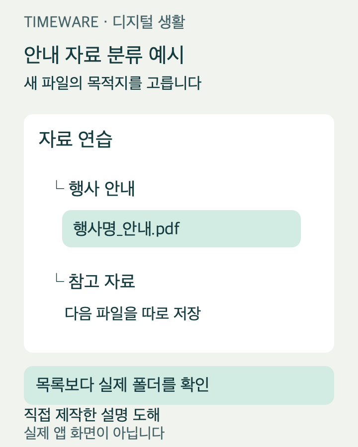 자료 연습 폴더 아래 행사 안내와 참고 자료를 구분한 가상 폴더 구조