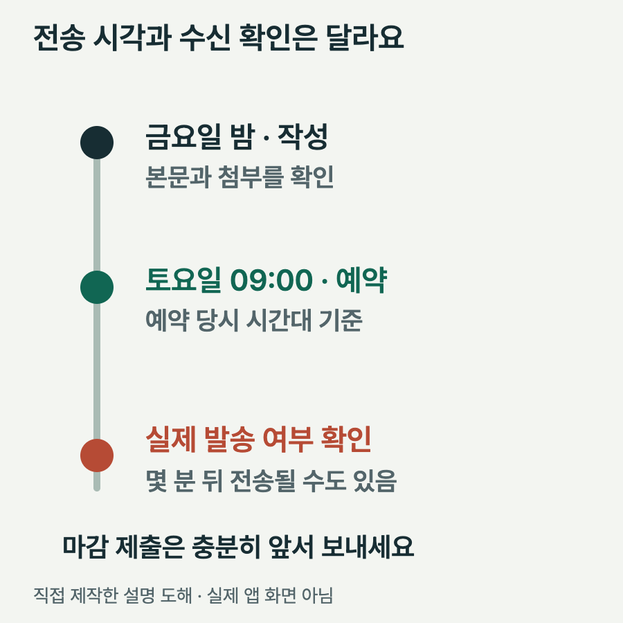 작성 시각, 예약한 전송 시각, 수신 확인을 다른 단계로 구분하고 정각 도착은 보장되지 않음을 보여주는 시간선