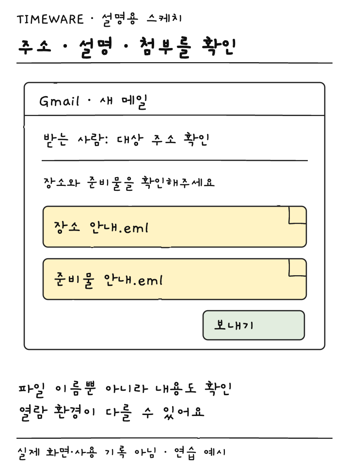 새 메일의 수신 주소와 안내 문장 및 두 EML 첨부를 확인하는 설명용 스케치