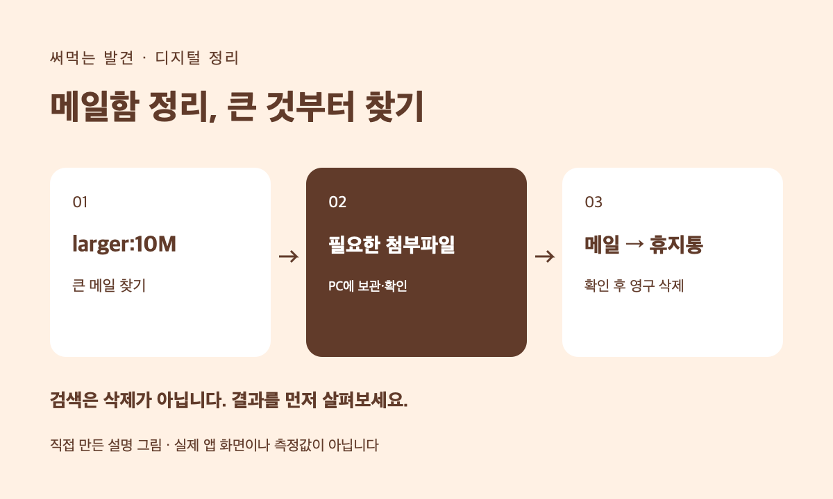 Gmail에서 큰 메일을 찾고 필요한 첨부파일을 보관한 뒤 정리하는 세 단계