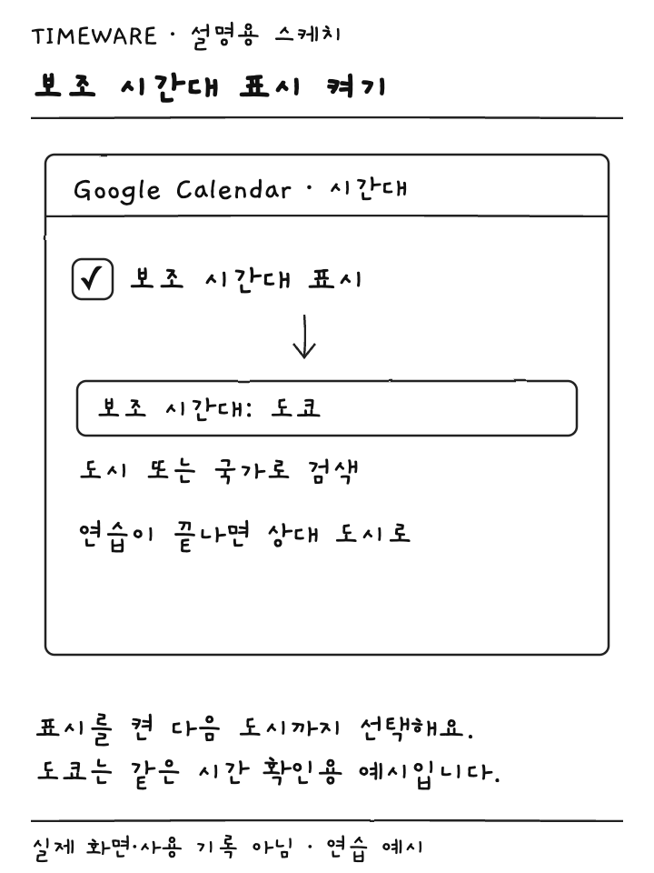 보조 시간대 표시를 켜고 도쿄를 선택하는 설정 순서의 설명용 스케치