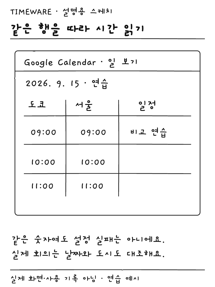 2026년 9월 15일 서울과 도쿄 시간이 같은 행에 나란히 표시된 설명용 스케치
