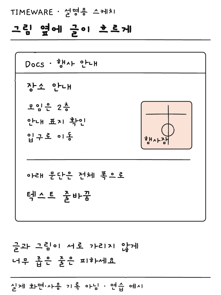 행사 약도 옆으로 장소 설명이 흐르고 아래 문단은 전체 폭으로 이어지는 설명용 스케치