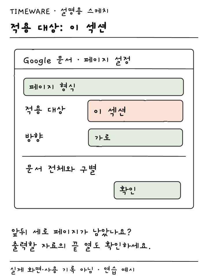 페이지 형식에서 적용 대상 이 섹션과 가로 방향을 선택하는 설명용 스케치