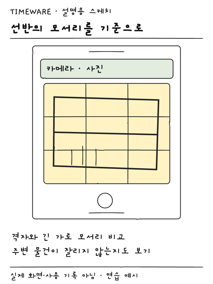 카메라 격자 안의 책장 가로선과 세로 기둥을 비교하는 연습 장면 설명용 스케치