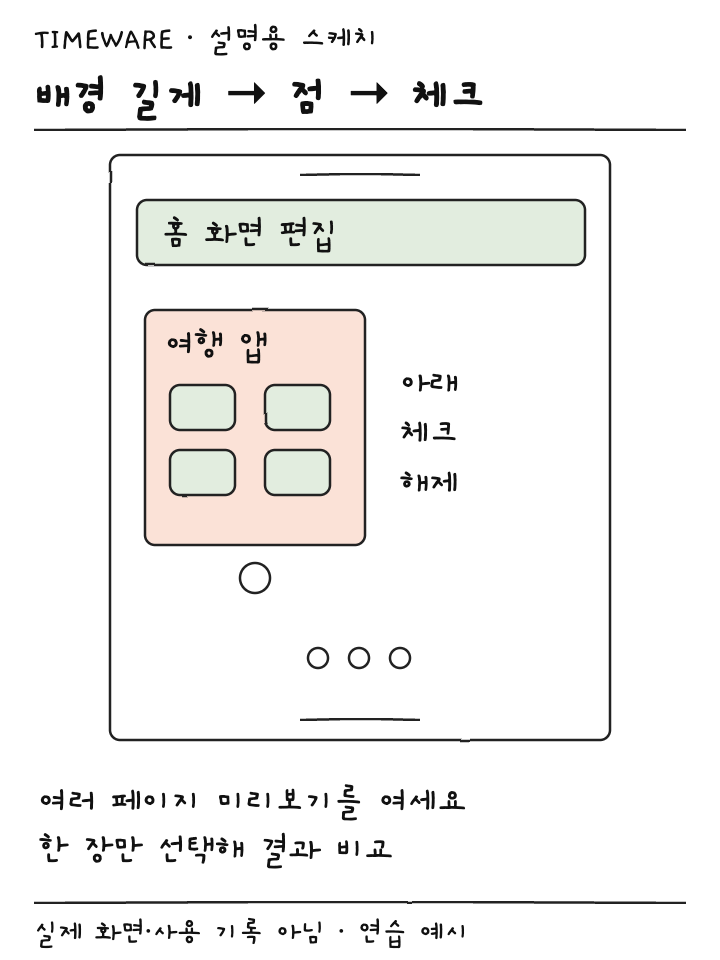 홈 화면 편집에서 페이지 점을 누르고 여행 페이지 아래 체크를 해제하는 설명용 스케치