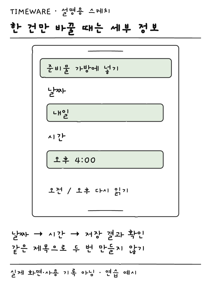 개별 미리 알림 날짜와 시간을 내일 오후 4시로 지정하는 설명용 스케치
