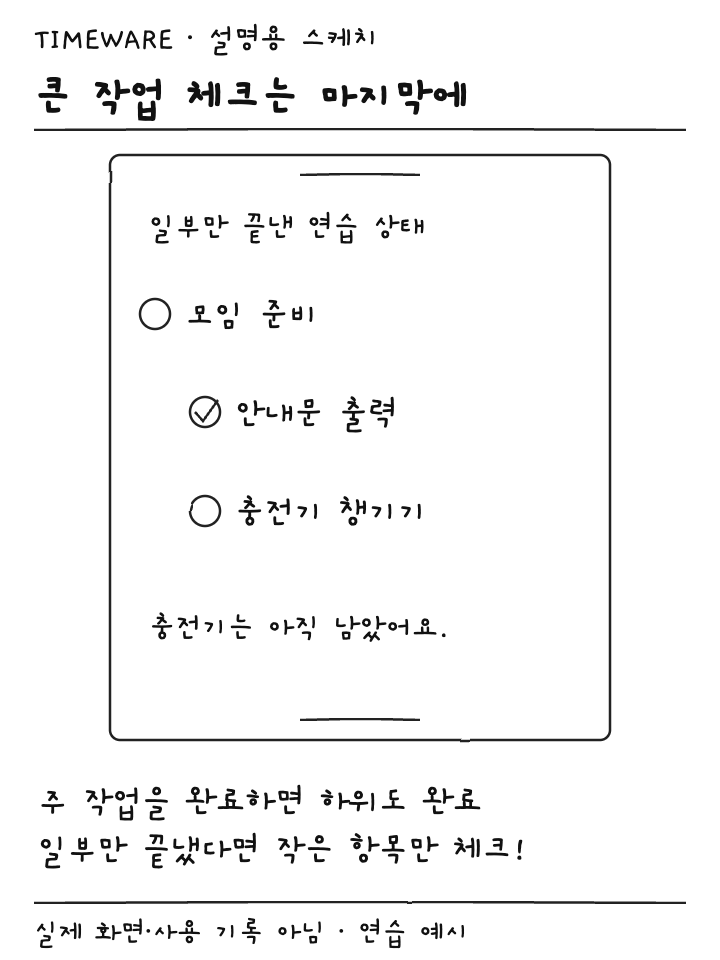 안내문 출력만 체크되고 모임 준비와 충전기가 남은 설명용 스케치