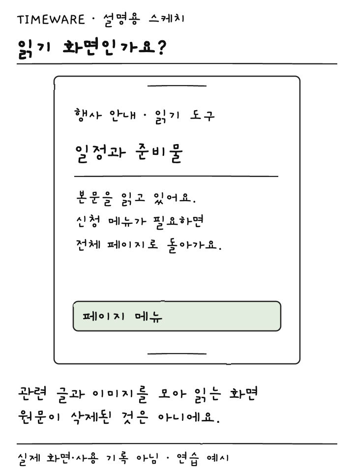 Safari 읽기 화면의 행사 본문과 페이지 메뉴 관계를 보여주는 설명용 스케치