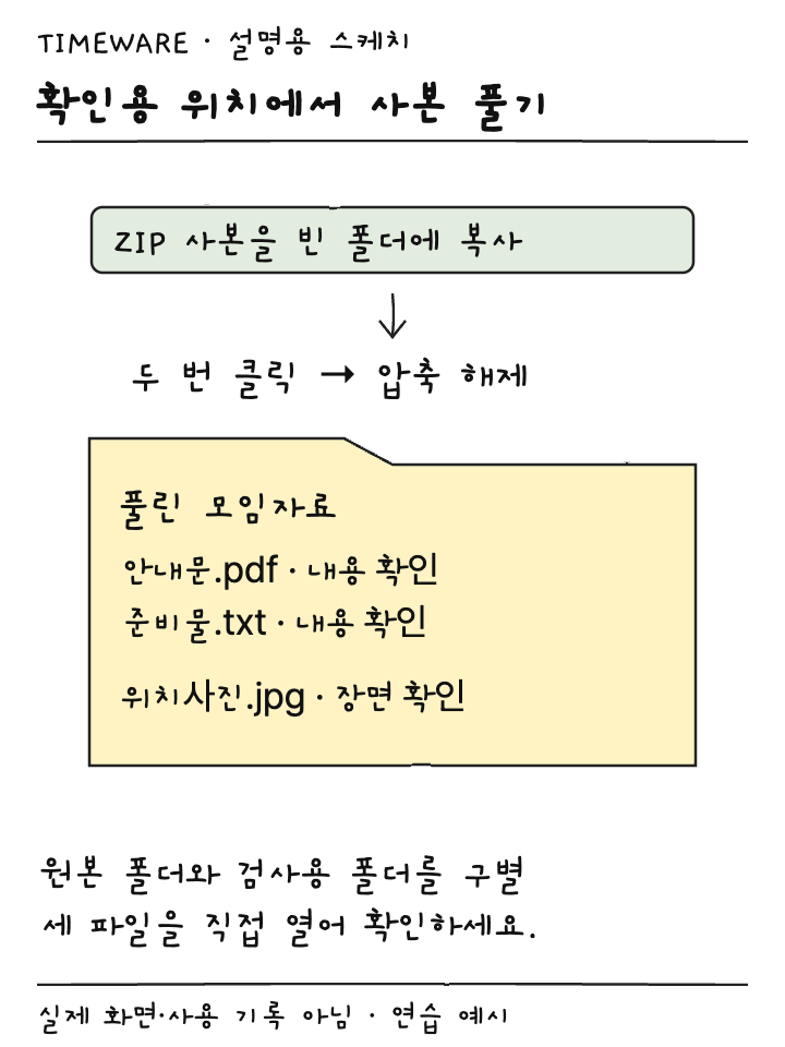 빈 확인용 폴더에서 ZIP 사본을 풀고 세 파일 내용을 확인하는 설명용 스케치