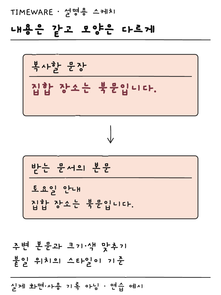 복사한 문장을 받는 문서의 본문 스타일에 맞추는 관계 설명용 스케치