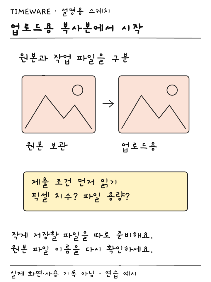 원본 풍경 그림을 보관하고 업로드용 복사본에서 치수를 조절하는 설명용 스케치
