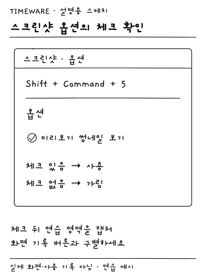 스크린샷 옵션에서 미리보기 썸네일 보기 체크를 확인하는 설명용 스케치