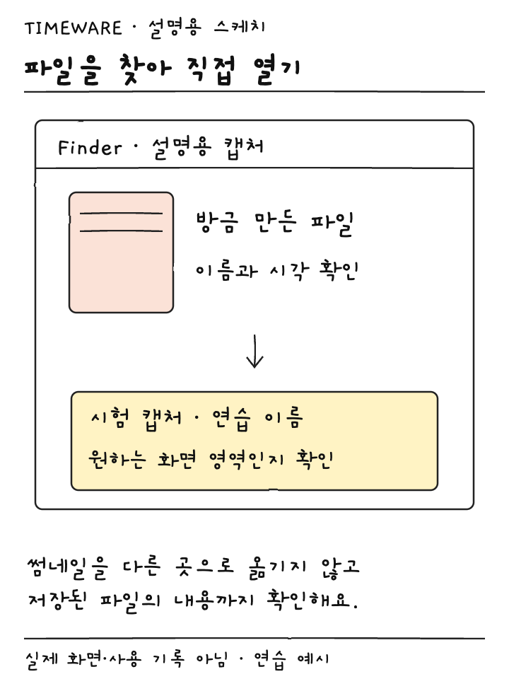 선택한 폴더에서 방금 저장한 캡처를 찾아 이름과 시각을 보고 파일을 여는 설명용 스케치