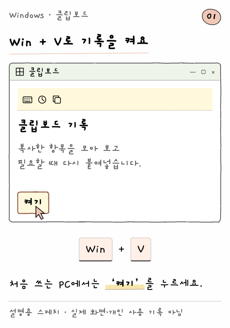 Windows · 클립보드 — Win + V로 기록을 켜요 (설명용 스케치)