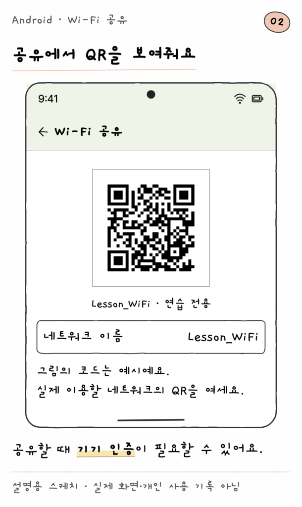 Android · Wi-Fi 공유 — 공유에서 QR을 보여줘요 (설명용 스케치)