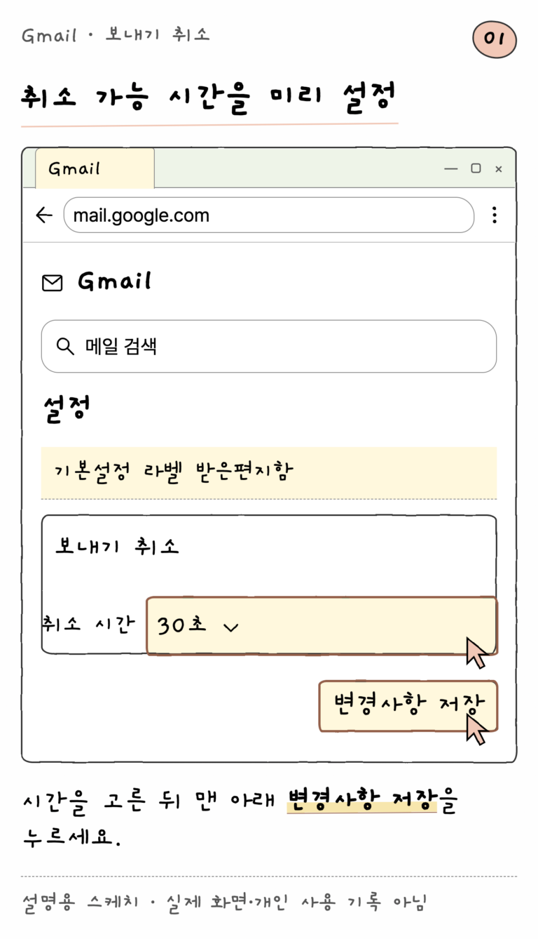 Gmail · 보내기 취소 — 취소 가능 시간을 미리 설정 (설명용 스케치)