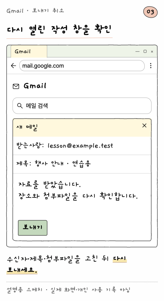Gmail · 보내기 취소 — 다시 열린 작성 창을 확인 (설명용 스케치)