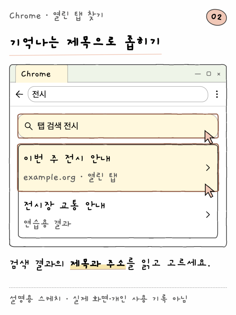 Chrome · 열린 탭 찾기 — 기억나는 제목으로 좁히기 (설명용 스케치)
