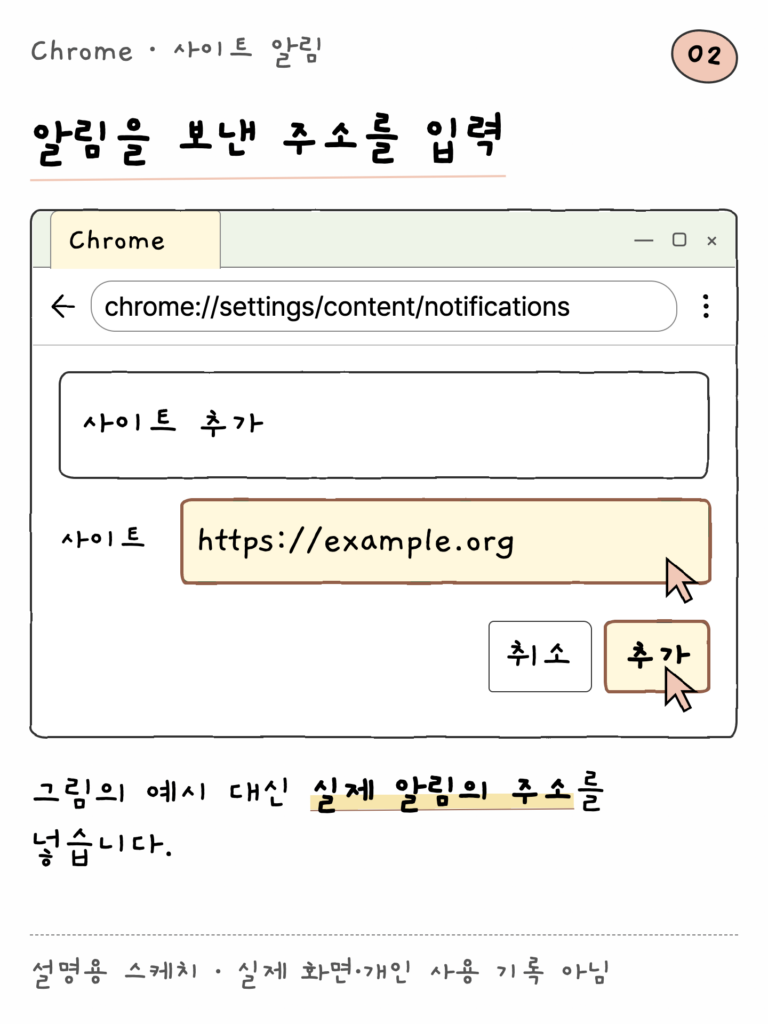Chrome · 사이트 알림 — 알림을 보낸 주소를 입력 (설명용 스케치)