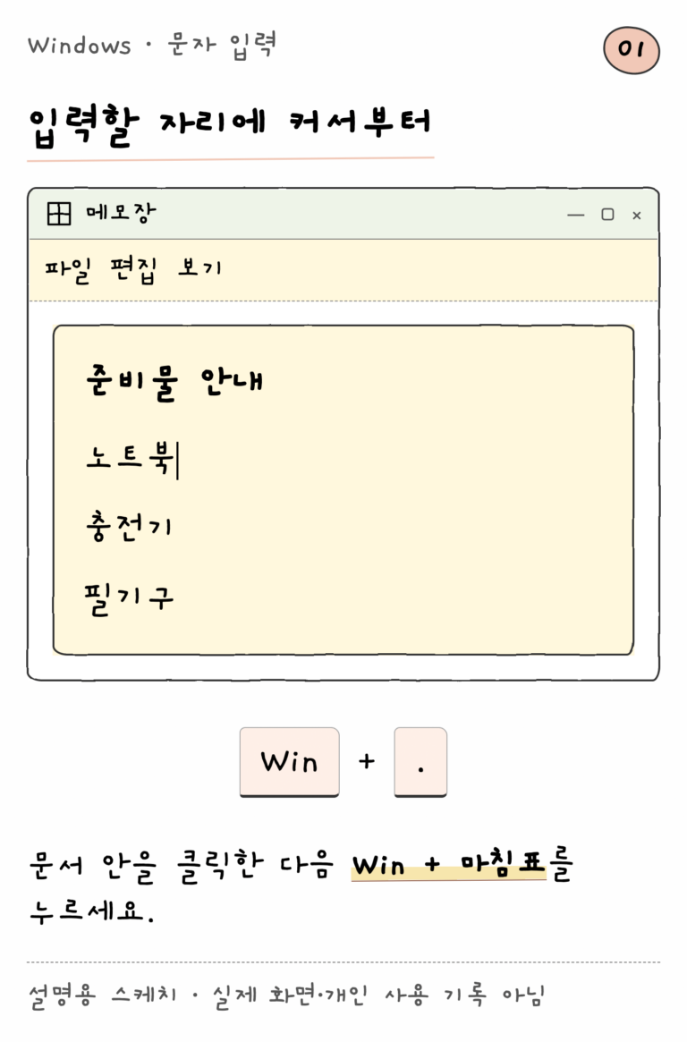 Windows · 문자 입력 — 입력할 자리에 커서부터 (설명용 스케치)