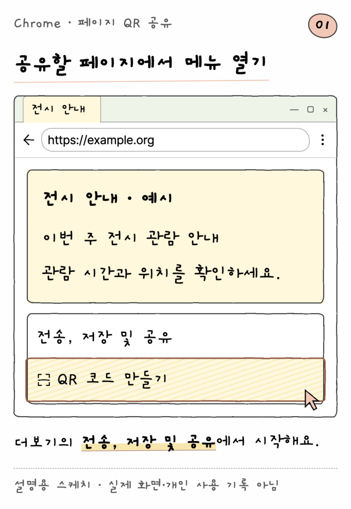 Chrome · 페이지 QR 공유 — 공유할 페이지에서 메뉴 열기 (설명용 스케치)