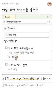 Gmail · 다시 알림 — 메일 위에 마우스를 올려요 (설명용 스케치)