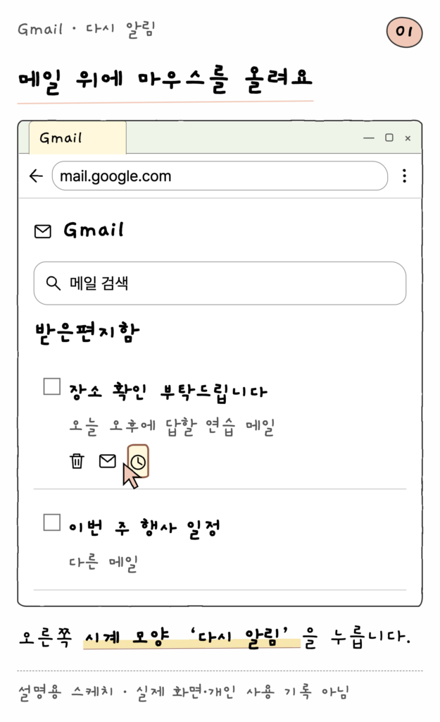 Gmail · 다시 알림 — 메일 위에 마우스를 올려요 (설명용 스케치)