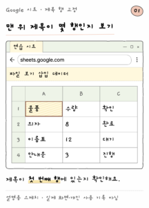 Google 시트 · 제목 행 고정 — 맨 위 제목이 몇 행인지 보기 (설명용 스케치)