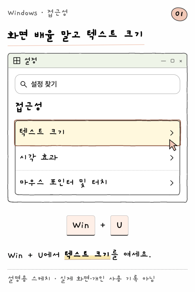 Windows · 접근성 — 화면 배율 말고 텍스트 크기 (설명용 스케치)
