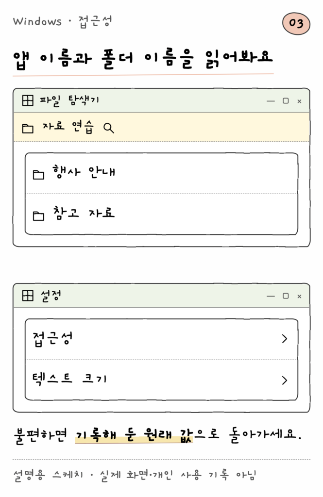 Windows · 접근성 — 앱 이름과 폴더 이름을 읽어봐요 (설명용 스케치)
