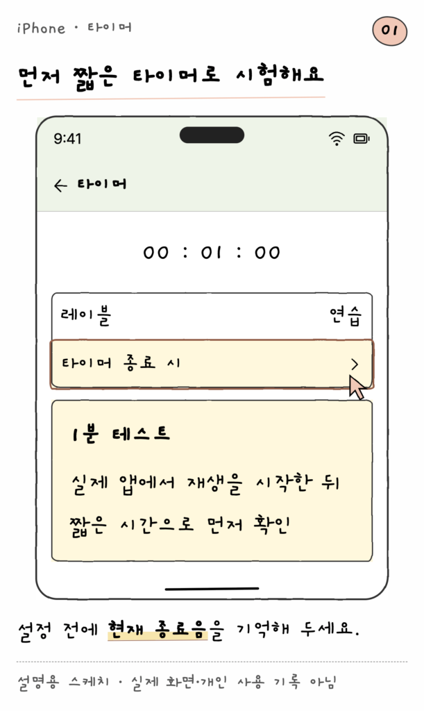 iPhone · 타이머 — 먼저 짧은 타이머로 시험해요 (설명용 스케치)