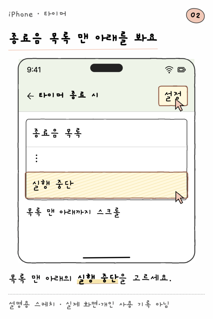 iPhone · 타이머 — 종료음 목록 맨 아래를 봐요 (설명용 스케치)