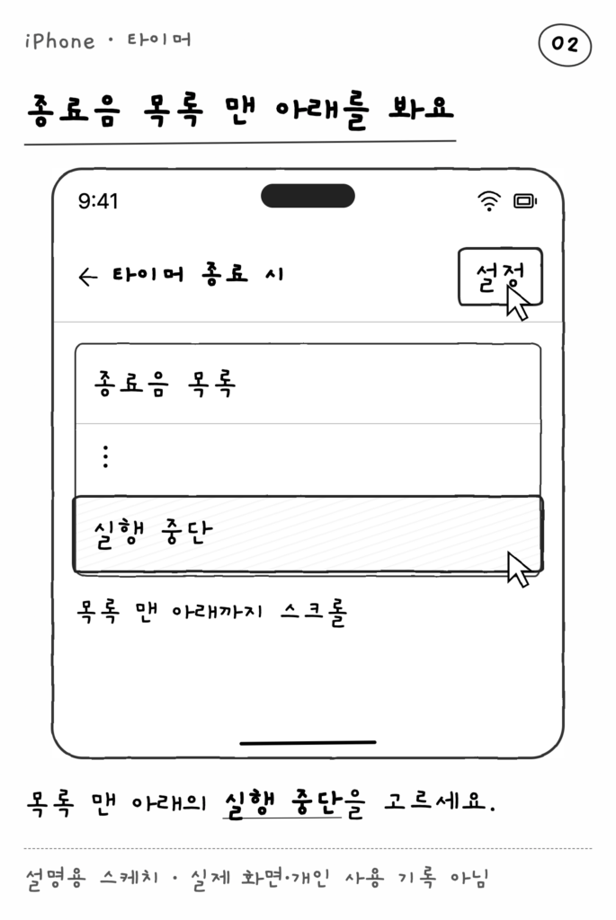 iPhone · 타이머 — 종료음 목록 맨 아래를 봐요 (설명용 스케치)