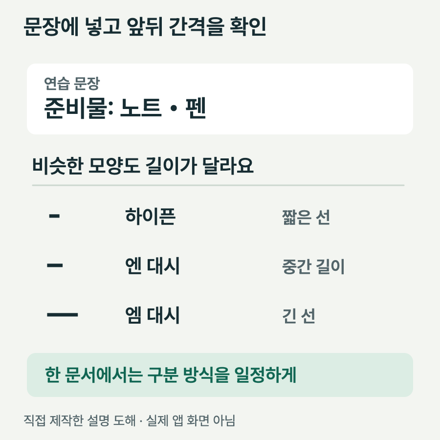 준비물 안내에서 노트와 펜 사이에 구분 점을 넣은 예시와 비슷하게 생긴 하이픈 및 긴 대시의 길이 비교