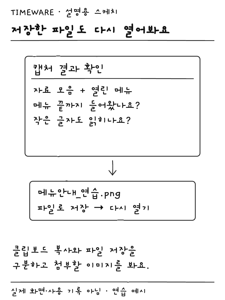캡처 결과의 메뉴 경계를 확인하고 PNG 파일을 저장해 다시 여는 설명용 스케치