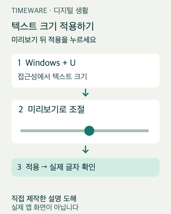 접근성 단축키, 텍스트 크기 미리보기 슬라이더, 적용 후 확인 순서를 보여주는 도해