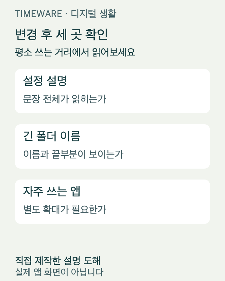 설정 설명과 긴 폴더 이름 및 평소 쓰는 앱으로 글자 크기 변경 결과를 확인하는 체크 도해