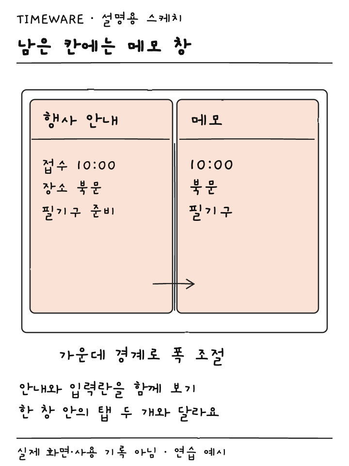 왼쪽 행사 안내와 오른쪽 메모를 나란히 배치하고 경계를 조절하는 설명용 스케치
