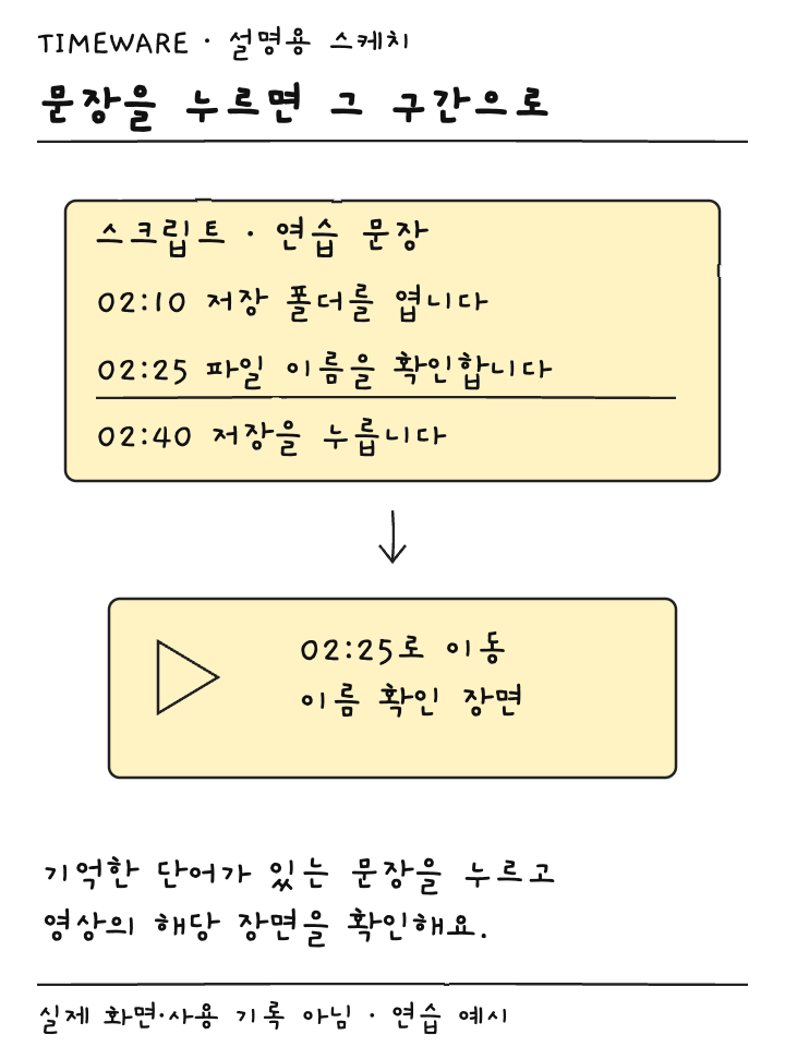 연습 스크립트의 파일 이름 확인 문장을 선택해 2분 25초 구간으로 이동하는 설명용 스케치